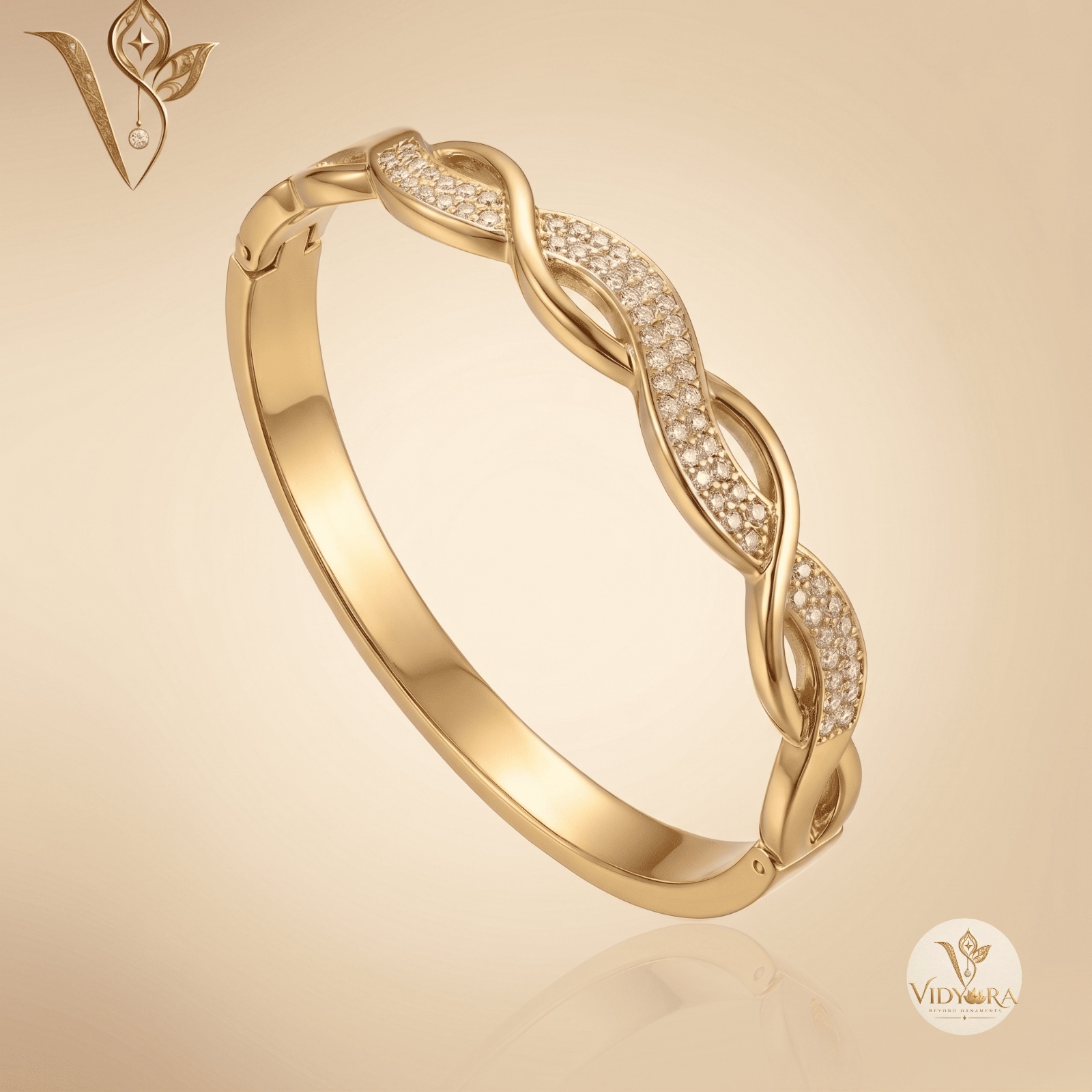 Elegant Twisted Wave Diamond Gold Bangle Bracelet