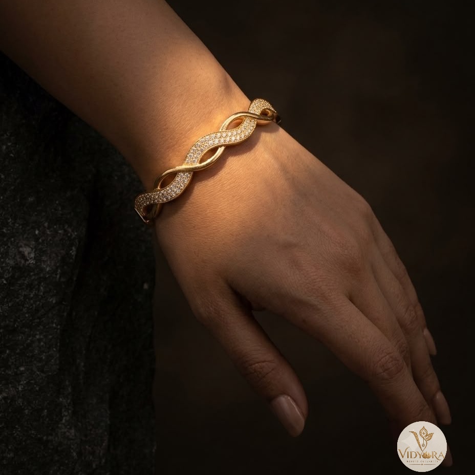 Elegant Twisted Wave Diamond Gold Bangle Bracelet
