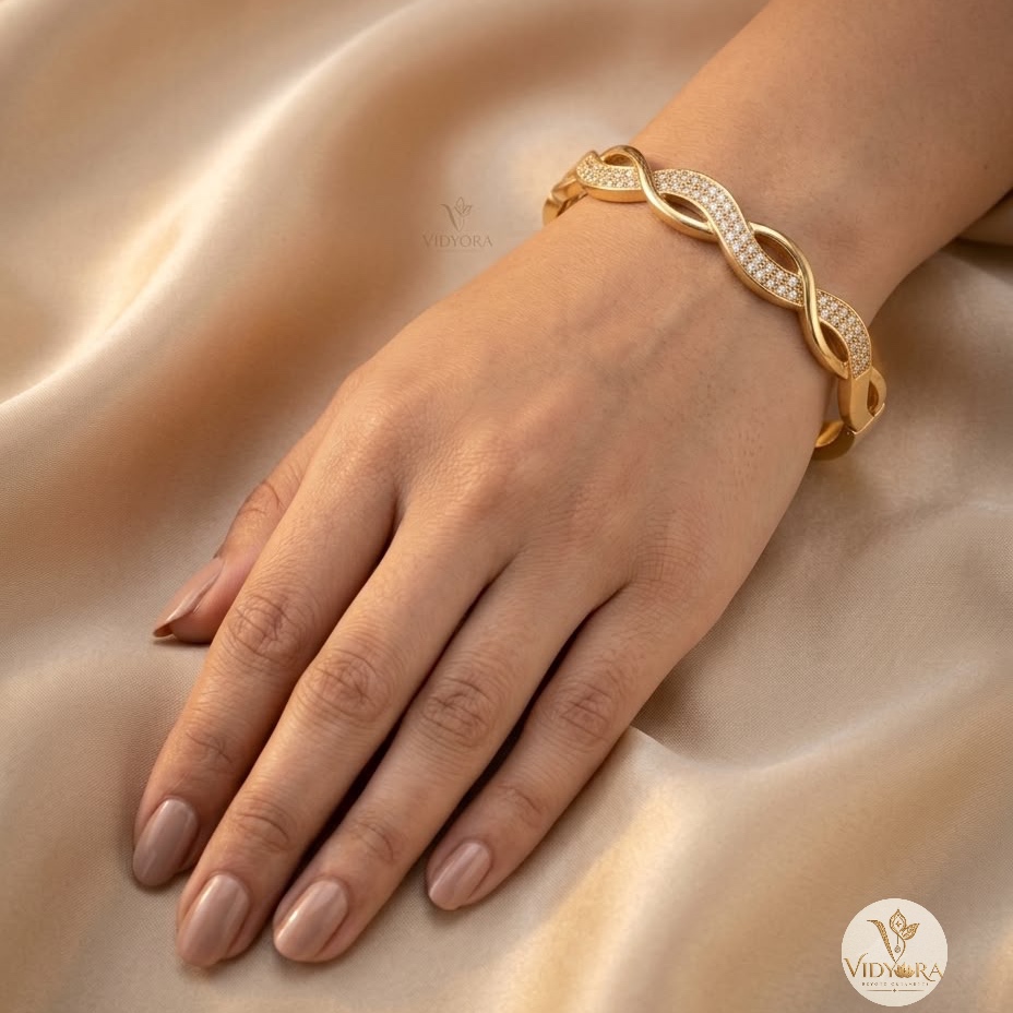 Elegant Twisted Wave Diamond Gold Bangle Bracelet