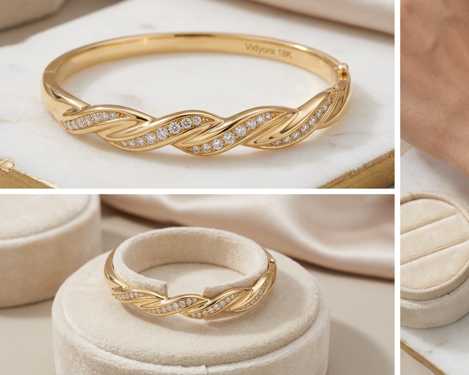 Elegant Twisted Wave Diamond Gold Bangle Bracelet