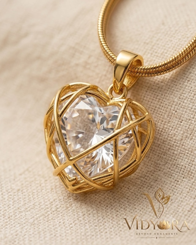 Golden Caged Heart Crystal Pendant with Snake Chain