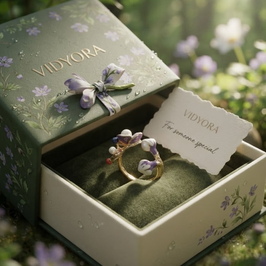 Enchanted Violet Blossom Open Ring with enamel flowers and pearls in a green gift box