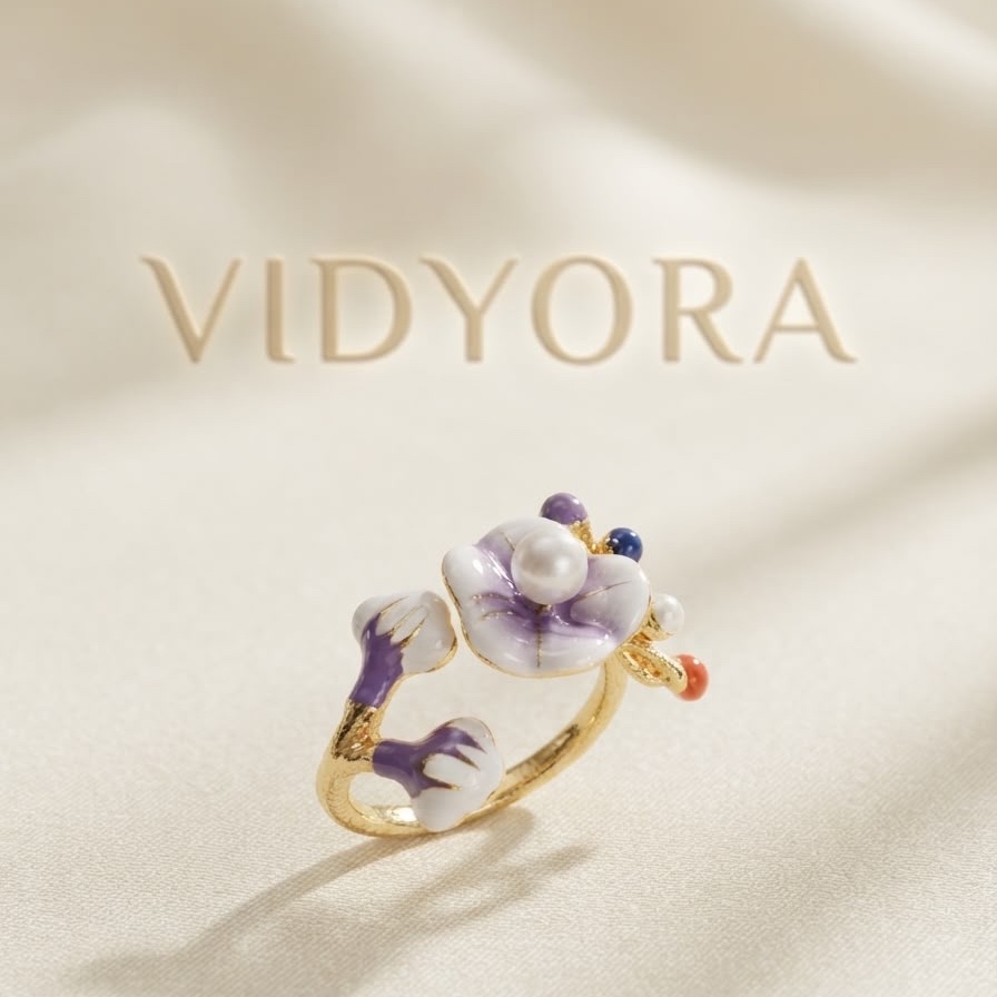 Enchanted Violet Blossom Open Ring with enamel flowers and pearls in a green gift box