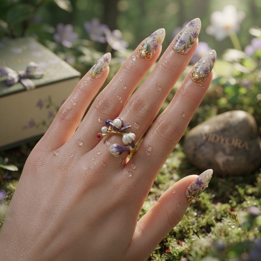 Enchanted Violet Blossom Open Ring with enamel flowers and pearls in a green gift box
