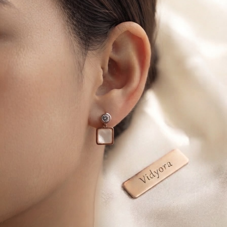 Geometric Square Mother of Pearl & Solitaire Rose Gold Stud Earrings