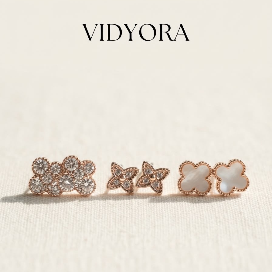 VIDYORA Rose Gold Finish Floral Stud Earrings with Sparkling Stones
