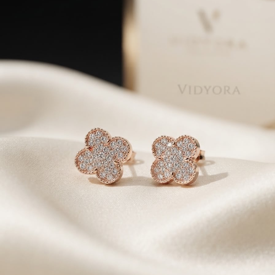 VIDYORA Rose Gold Finish Floral Stud Earrings with Sparkling Stones