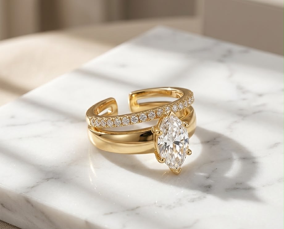 Marquise Cut Solitaire & Pavé Dual Band Gold Ring