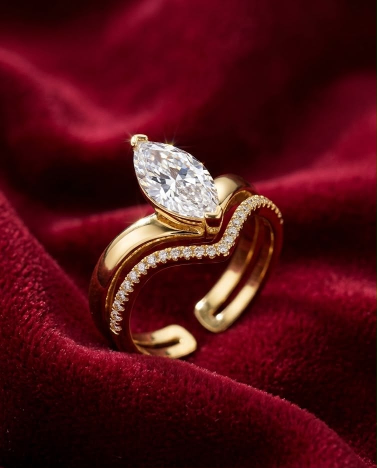 Marquise Cut Solitaire & Pavé Dual Band Gold Ring