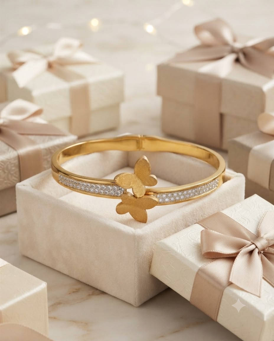 Golden Butterfly Dual-Motif Pave Diamond Cuff Bangle