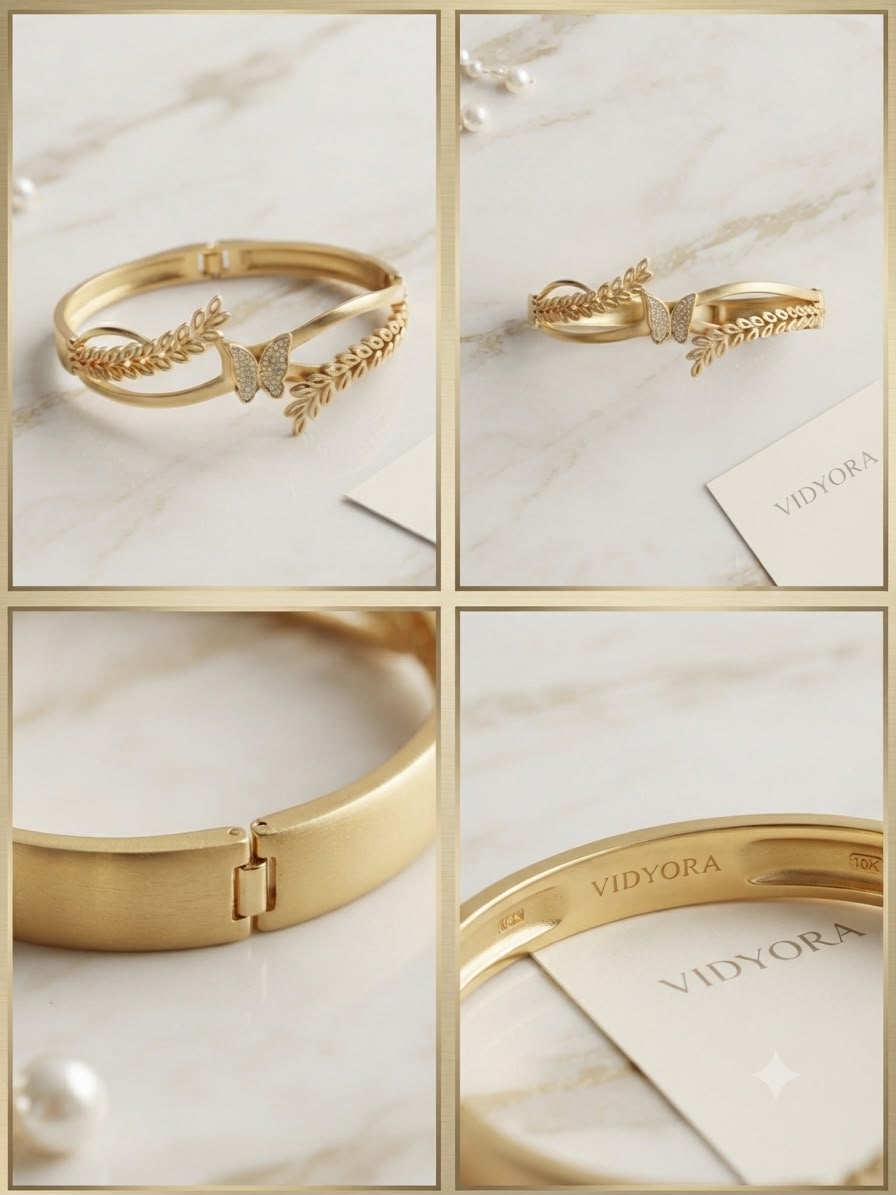 VIDYORA Golden Butterfly & Leaf Hinged Bangle