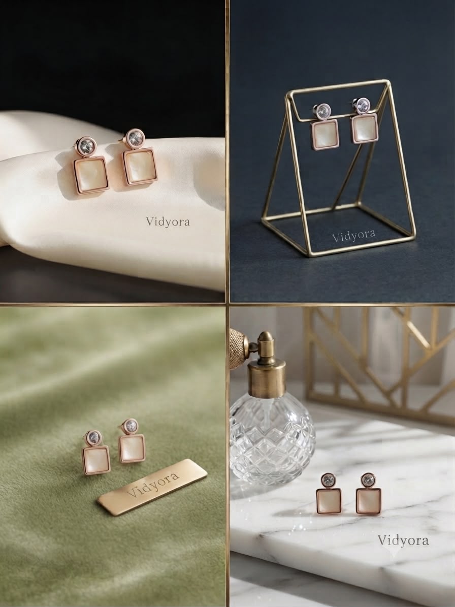 Geometric Square Mother of Pearl & Solitaire Rose Gold Stud Earrings