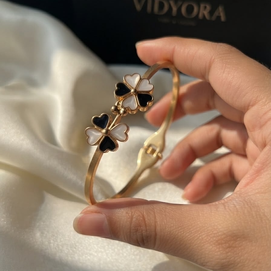 VIDYORA Dual Clover Black and White Enamel Gold-Finish Bangle