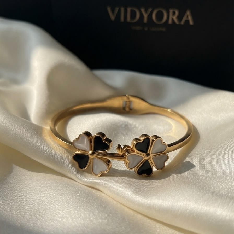 VIDYORA Dual Clover Black and White Enamel Gold-Finish Bangle