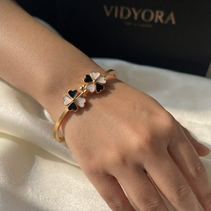 VIDYORA Dual Clover Black and White Enamel Gold-Finish Bangle