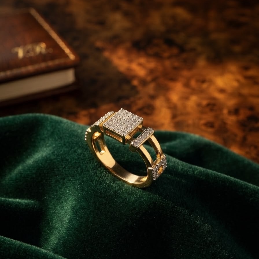 Geometric Square Pave-Set Gold Ring