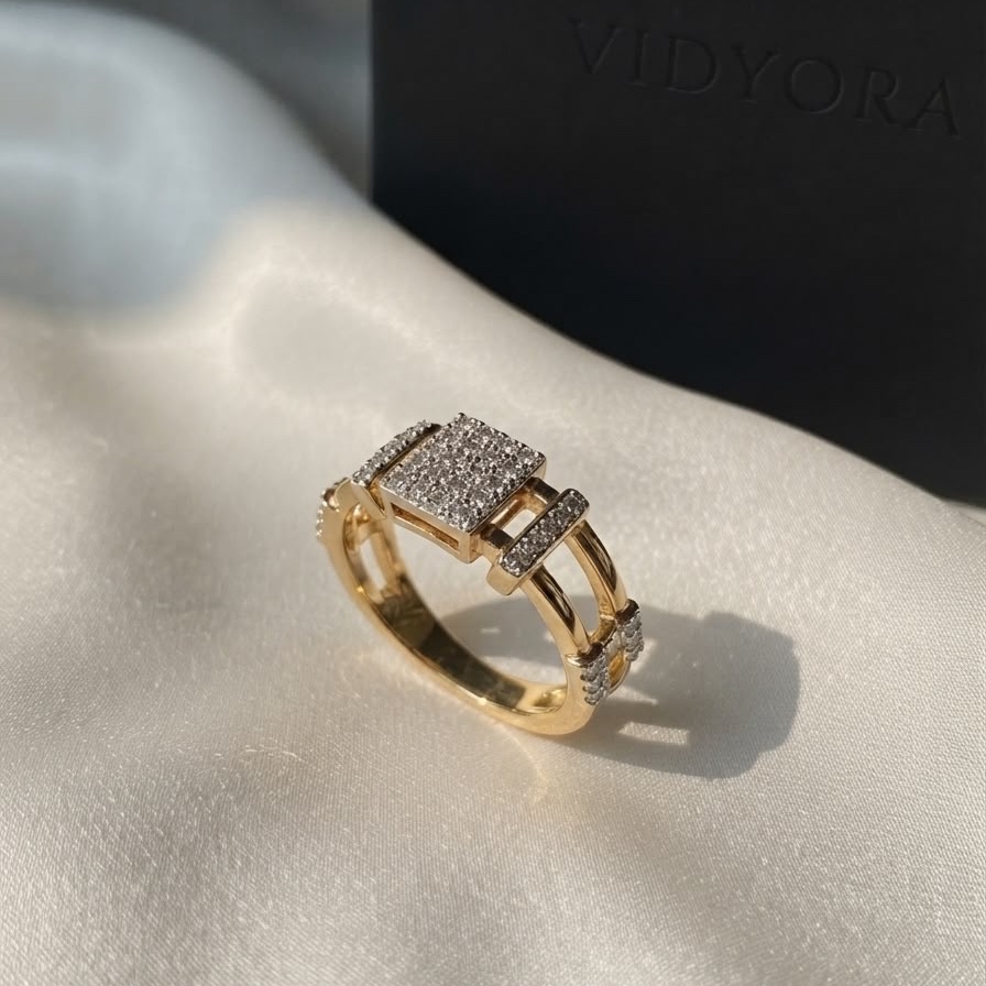 Geometric Square Pave-Set Gold Ring
