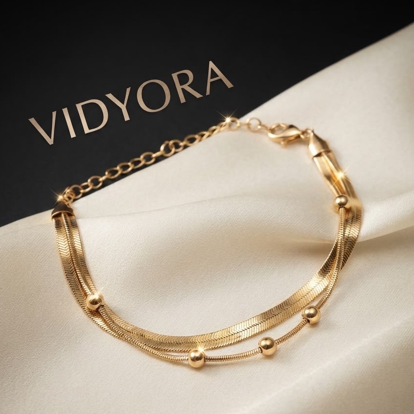 Dual Strand Herringbone & Beaded Gold Finish Bracelet