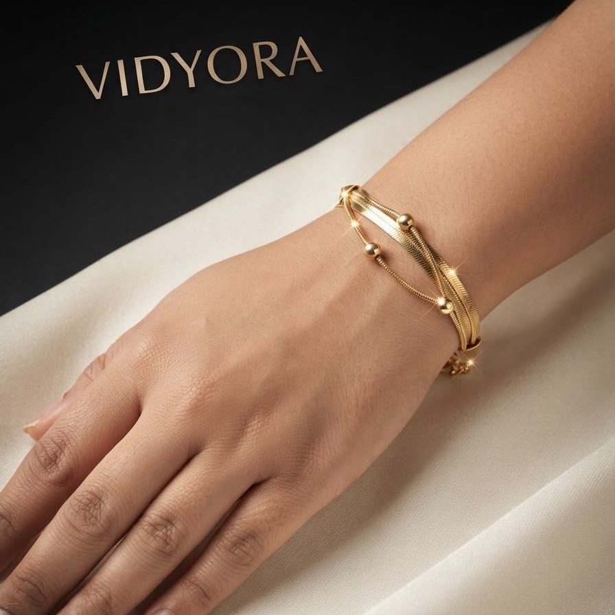 Dual Strand Herringbone & Beaded Gold Finish Bracelet