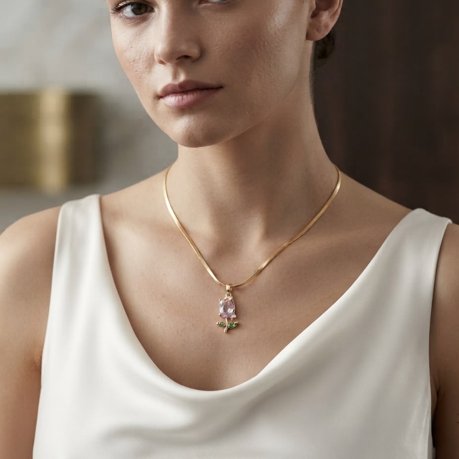 VIDYORA Elegant Rose Gold Finish Pink & Green Stone Floral Necklace