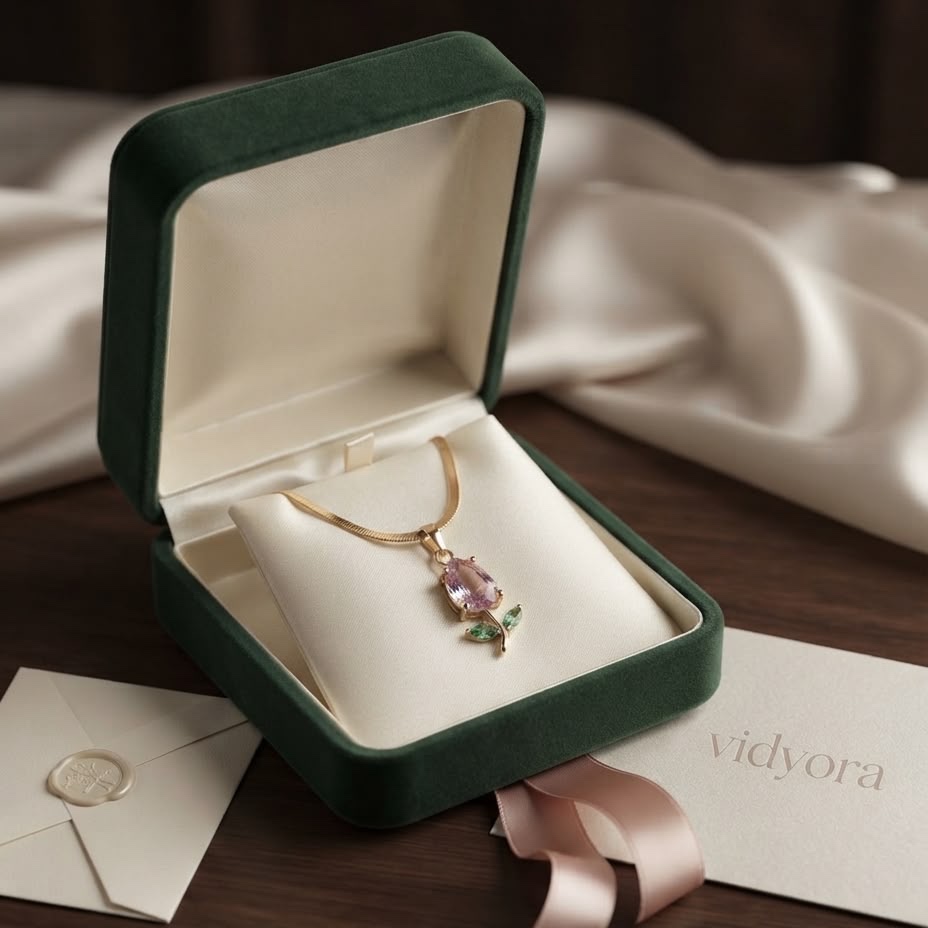 VIDYORA Elegant Rose Gold Finish Pink & Green Stone Floral Necklace