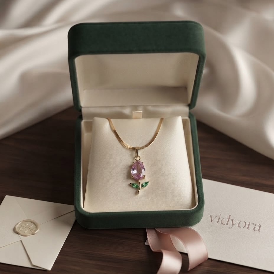 VIDYORA Elegant Rose Gold Finish Pink & Green Stone Floral Necklace