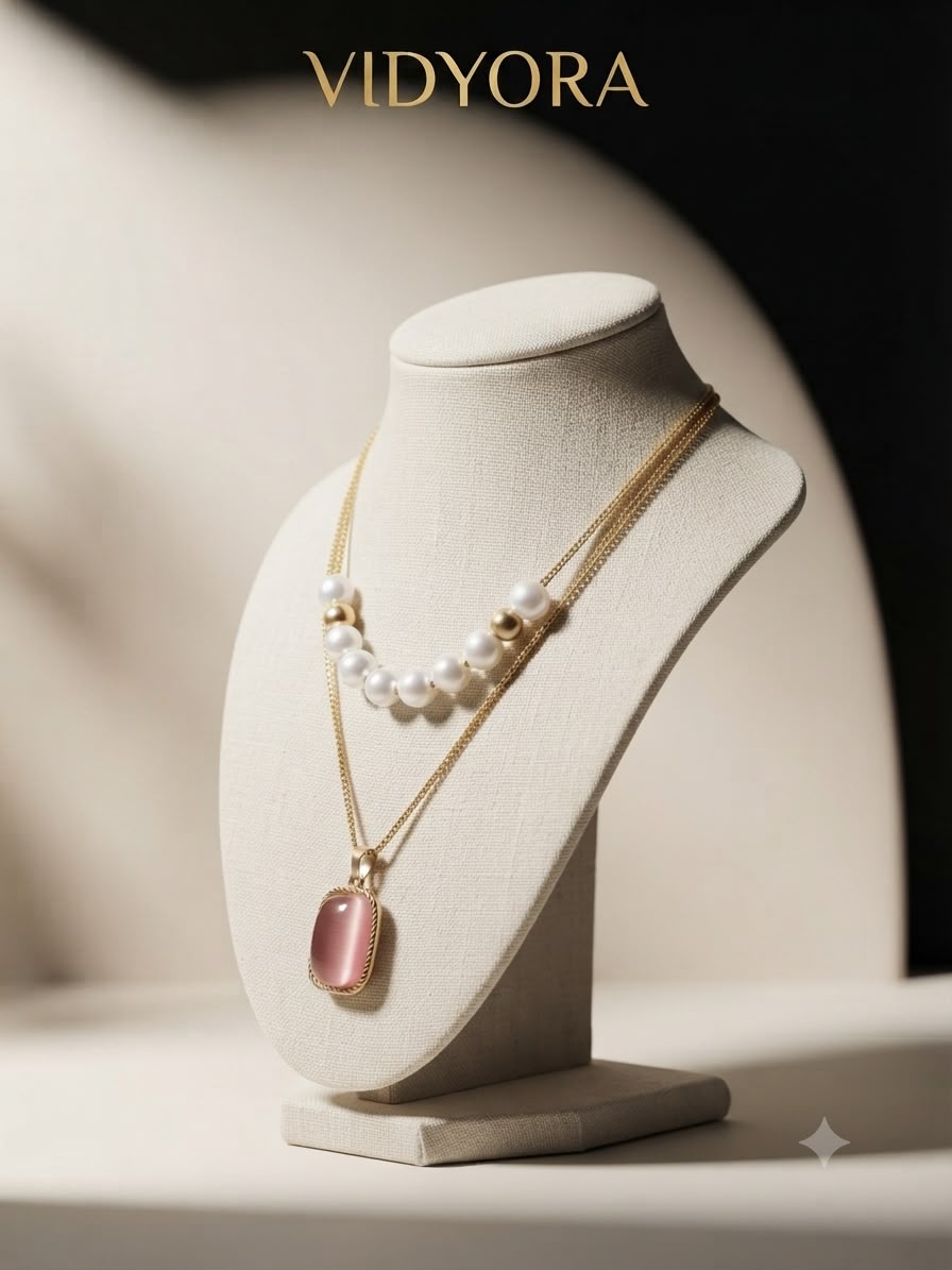 VIDYORA Layered Pearl & Pink Stone Pendant Necklace