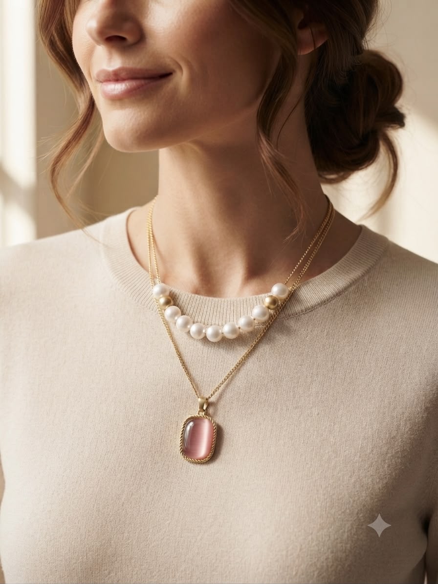 VIDYORA Layered Pearl & Pink Stone Pendant Necklace