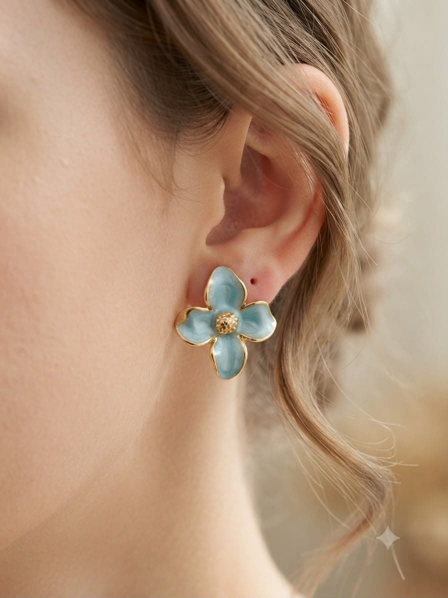 Vidyora Serene Blue Floral Enamel Stud Earrings