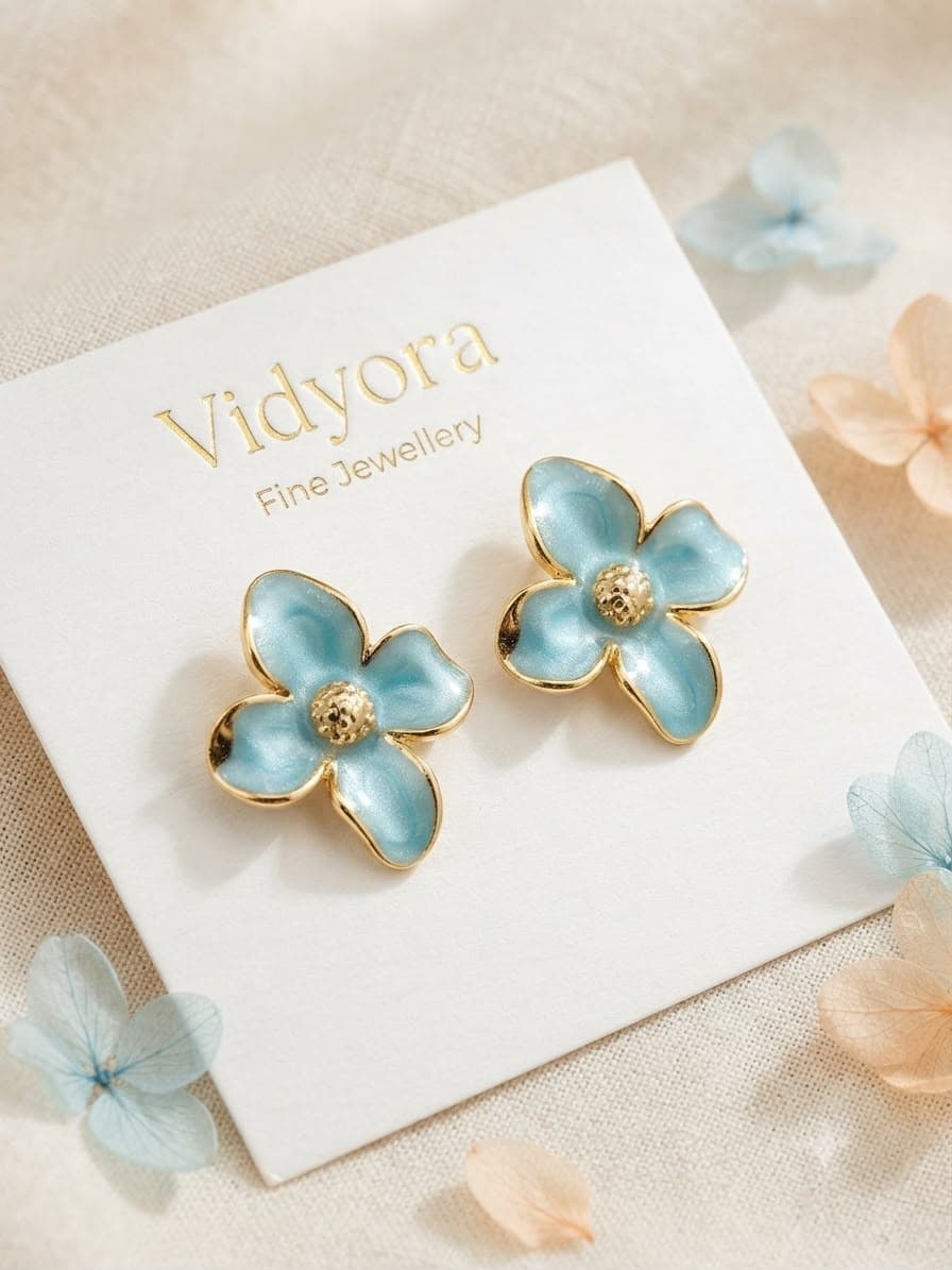 Vidyora Serene Blue Floral Enamel Stud Earrings
