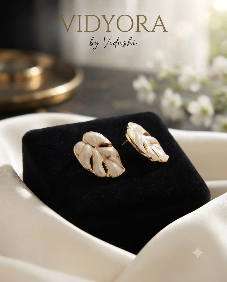 Elegance Gold-Finished Enamelled Leaf Stud Earrings