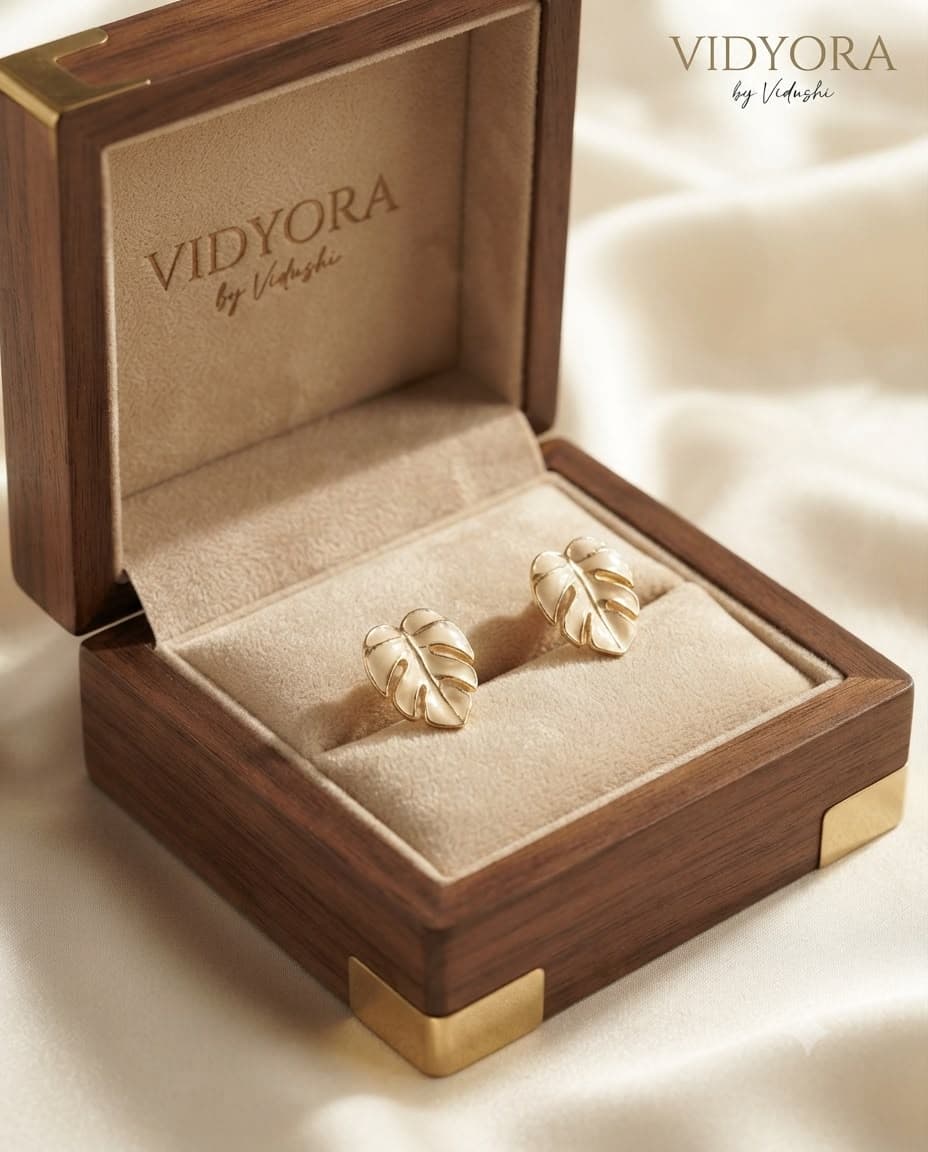 Elegance Gold-Finished Enamelled Leaf Stud Earrings