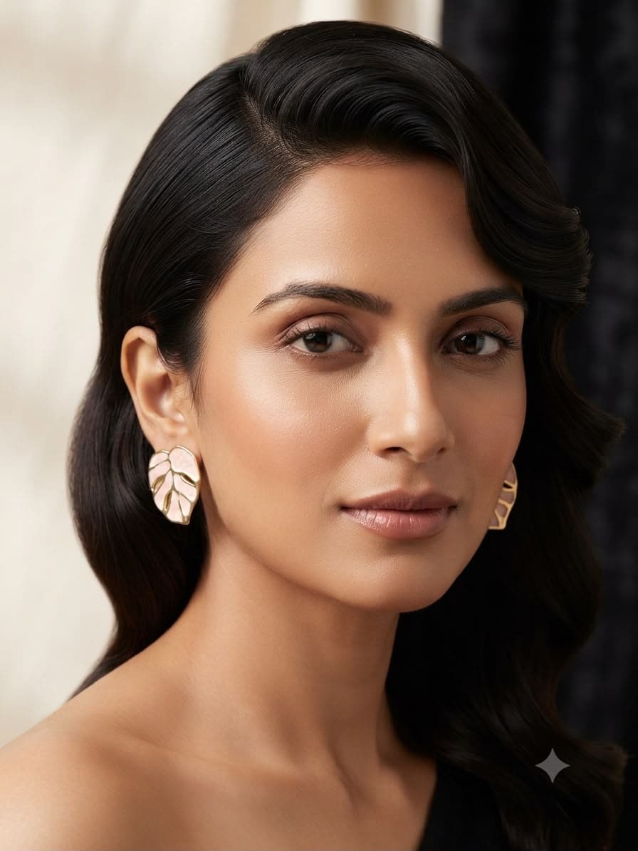 Vidyora Golden Monstera Leaf Enamel Stud Earrings