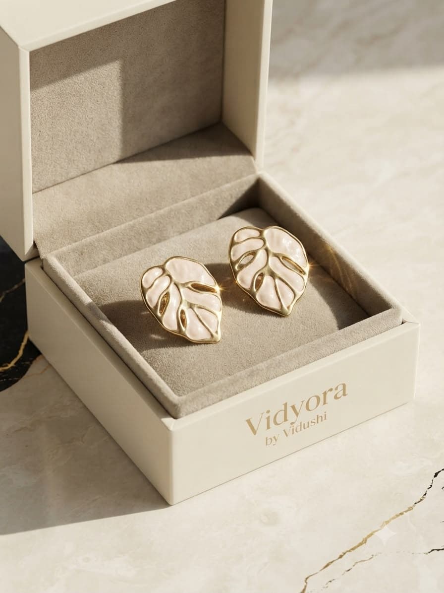Vidyora Golden Monstera Leaf Enamel Stud Earrings