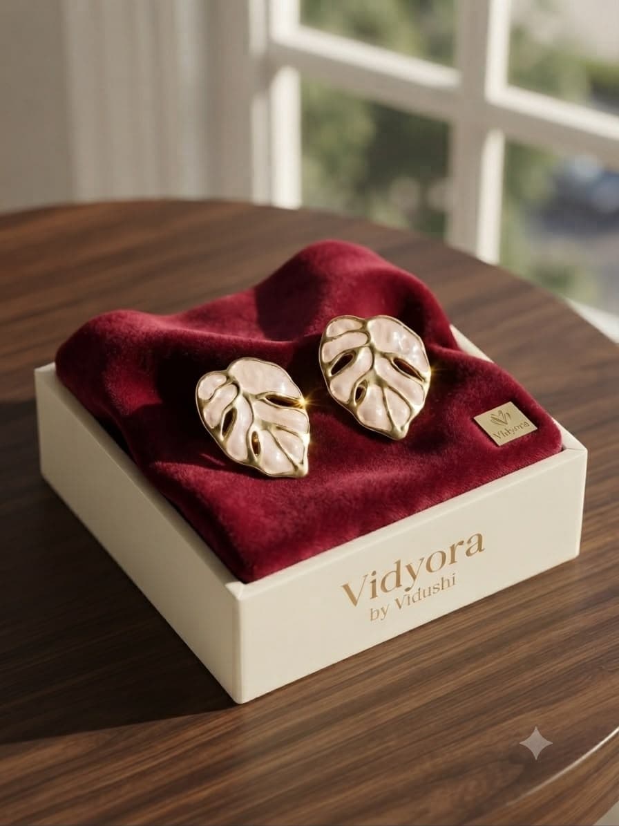 Vidyora Golden Monstera Leaf Enamel Stud Earrings