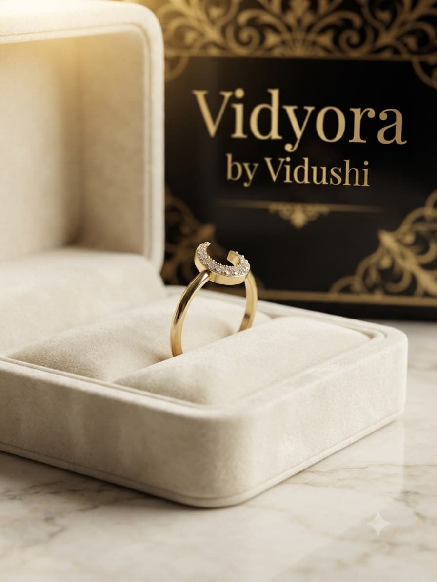 Celestial Crescent Moon & Solitaire Adjustable Finger Ring