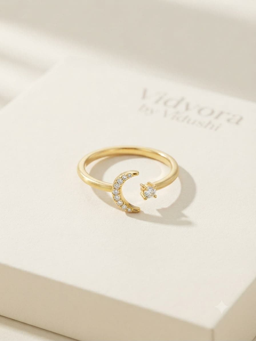Celestial Crescent Moon & Solitaire Adjustable Finger Ring